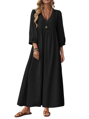 Image of Celmia Autumn Solid Loose Long Maxi Dress Cotton Caftan