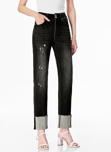 Sidefeel Women's High Waisted Tummy Control Jeans Cuffed Boyfriend Straight Leg Two Buttons Ripped Denim Pants4