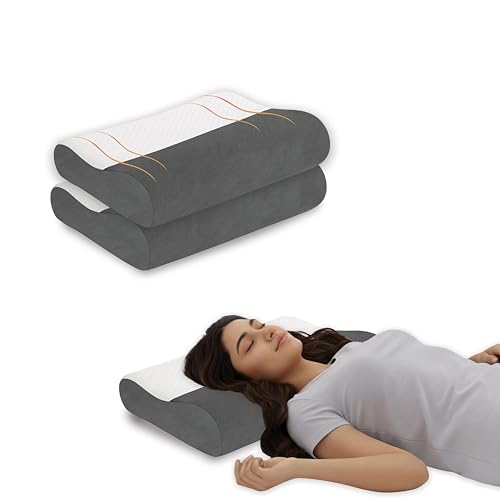 Image of Cervical Memory Foam Pillow Set of 2 with Inner Cover, Dual 9 cm 12 cm Heights for Neck Support, Breathable Jacquard Velvet Case, Grey, 60 x 35 cm