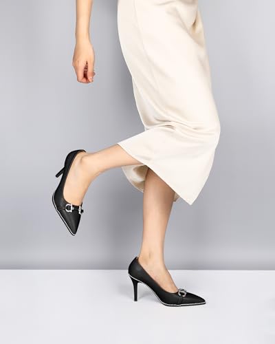 Soireelady Women's Beaded Pumps High Heel Slip On Stilettos Heels Pointy Closed Toe Buckle Bow Dressy Comfortable Shoes 3.5 Inches Black Matte US Size 9.53