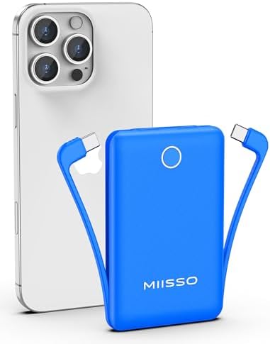 miisso 10000mAh Compatible with iPhone 15/16/17 and Android, Slim Portable Charger with Built in Cable, Power Bank Travel Charger External Battery Pack for Phone, 3 Output USB Type C Cord, Deep Blue