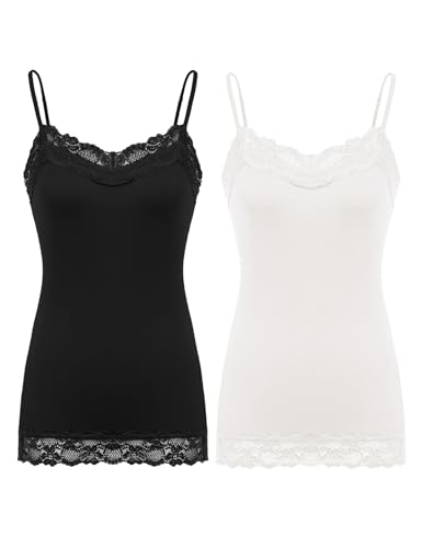 Kate Kasin Women's Adjustable Spaghetti Strap Lace Trim Cami Tunic Tank Top 2PACK2