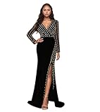 Nagfar Women Sexy Elegant Rhinestone Beaded V Neck Mesh Side Slit Bodycon Long Dress Birthday Prom Club Night Outfits(SY1037-Gold-XXL)
