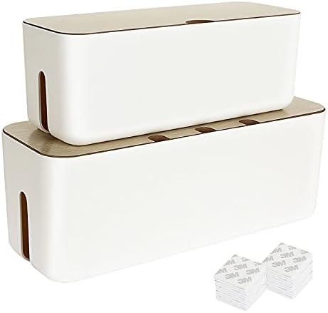 SENENQU 2pcs White Cable Tidy Box, Large Desk Cable Management Box, Cord Wire Organiser Box with Bamboo Lid for Home Office - 9.5 x 11.4 x 11cm & 36 x 13 x 13.5cm