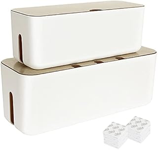 SENENQU 2pcs White Cable Tidy Box, Large Desk Cable Management Box, Cord Wire Organiser Box with Bamboo Lid for Home Office - 9.5 x 11.4 x 11cm & 36 x 13 x 13.5cm