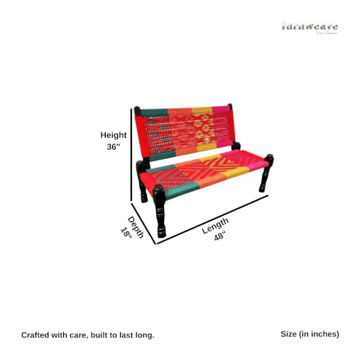 Image of Srima Wooden Bench for Living Room | Handcrafted Sheesham Wood Backrest Bench for Balcony & Garden | Traditional Rajasthani Patio for Outdoor with Cotton Handwoven Rope | Colorful