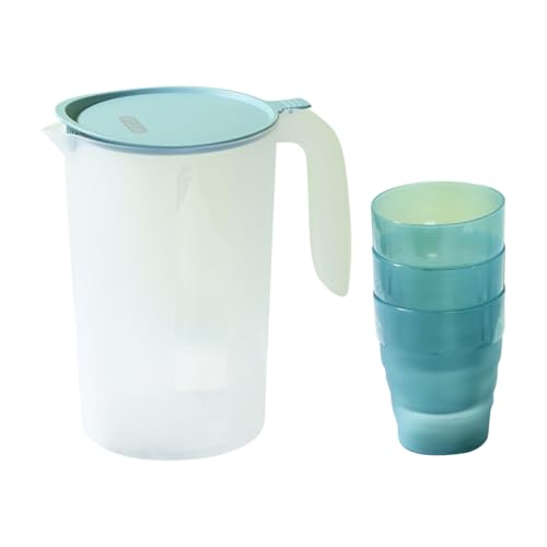 Healeved Jarra de Jugos Multifunción 1500 Ml Pequeña Color Azul Nórdico Tapa Abatible y 3 Tazas para Agua Fría Bebidas Caseras y Uso en Hogar Oficina o Fiestas