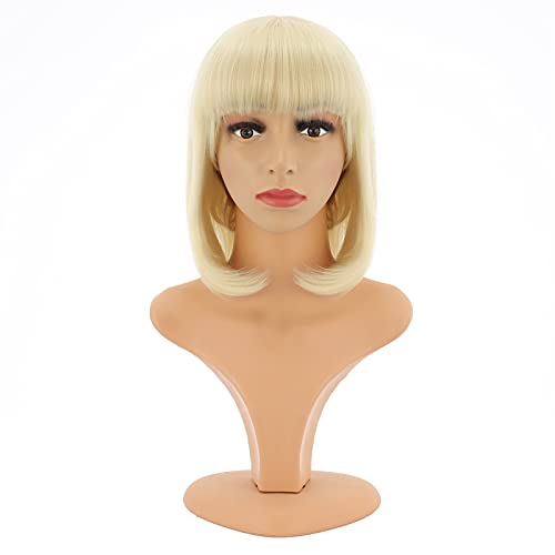 Blonde Bob Wigs with Flat Bangs 14 Inch Shoulder Length Synthetic Wigs for Women Colorful Natural Heat Resistant Middle Part Wigs for Cosplay Daily Party Wear (613#, 14 Inch)