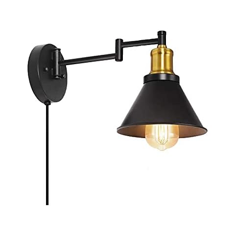 Wrought Iron Fold Wall Lamps With Switch Swing Arm Wall Lamps With Brass Finish & Adjustable Arms, Plug-in & Hardwired Industrial Wall Sconces For Bedroom, Farmhouse, Kitchen Cover