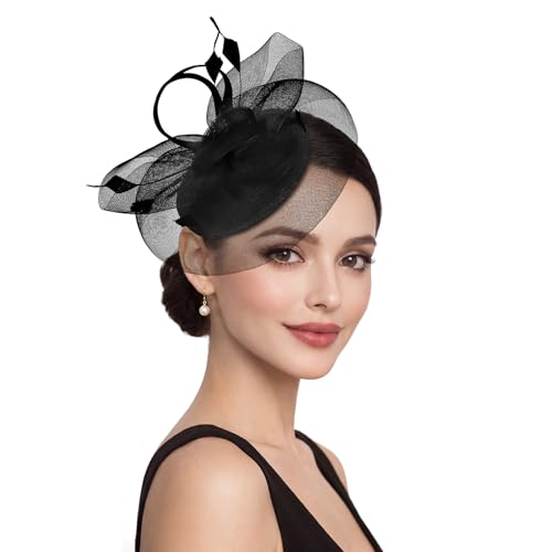 Zando Black Fascinators for Women Elegant Mesh Feather Headband with Clip Formal Hair Accessories for UK Evening Party Funeral Royal Event & Black Tie Wedding Guest 2026
