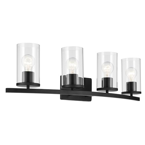 Image of Kichler Crosby 31.25 inch 4-Light Bathroom Vanity Light Fixture with Clear Glass in Black, Modern Wall Mount Light for Bathroom Over Mirror (31.25 inch x 8.75 inch), 45498BKCLR