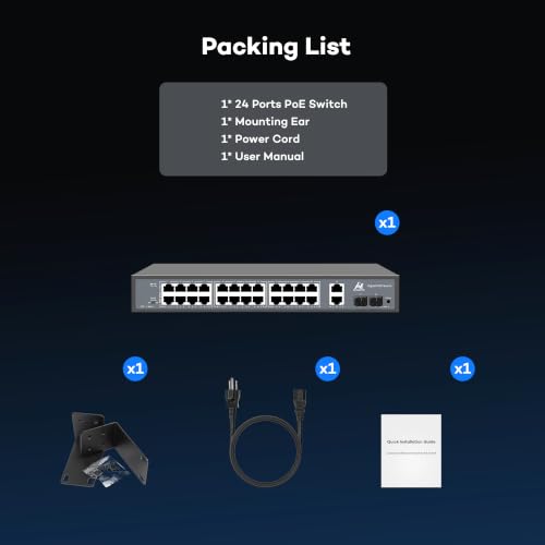ONWOTE Switch PoE Gigabit 24 Puertos 300W, 10/100/1000Mbps Autoadaptativo, 24 Puertos PoE 1Gbps, 2 Puertos RJ45, 2 Puertos SFP, Switch Ethernet No Gestionado para Sistema de Cámaras de Seguridad PoE NVR miniatura 7