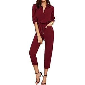 CNFIO Elegante jumpsuit voor dames, lange mouwen, overall, verstelbaar, romper, lang, effen broekpak, playsuit