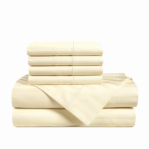 Casa Platino 100% Egyptian Cotton Sheets Full Size Set - 6 Pieces - Damask Stripe- Ultra Smooth Sateen Weave Bed Sheets Set with 15" Deep Pockets - Ivory