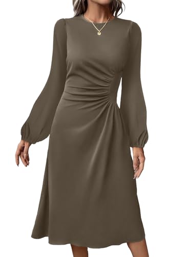 Image of Happy Sailed Women's Long Sleeve Ruched Waist Flowy A Line High Low Midi Cocktail Party Dress
