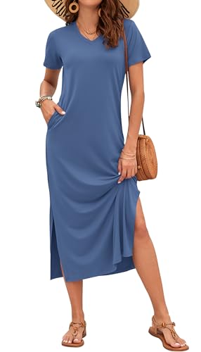 Image of MISFAY Womens Maxi Dress Short Sleeve V Neck Loose with Pockets | Soft stretchy breathable, v neck loose fit, side split hem, two side pockets, casual daily beach vacation travel dress