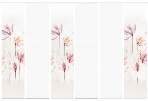 HOME WOHNIDEEN 96067 | 6er-Set Schiebegardine \'KUKAT\', Digitaldruck auf Bambus-Optik, mit abstraktem Blumen-Motiv, 260x60cm, Farbe: Natur