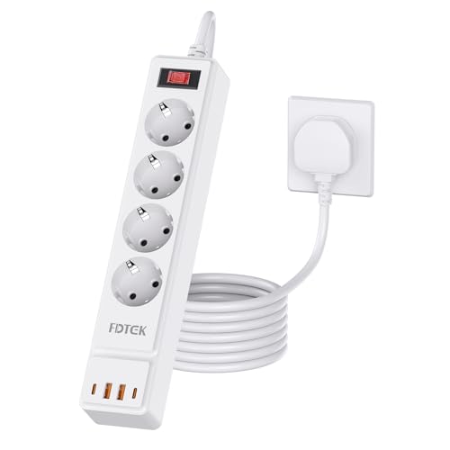 4 Way European to UK Plug Adaptor EU to UK Plug Adapter with 4 AC Outlets 2 USB-C Ports & 2 USB-A Ports 2 Pin to 3 Pin Adapter Plug UK Travel from France Italy Spain Germany Poland