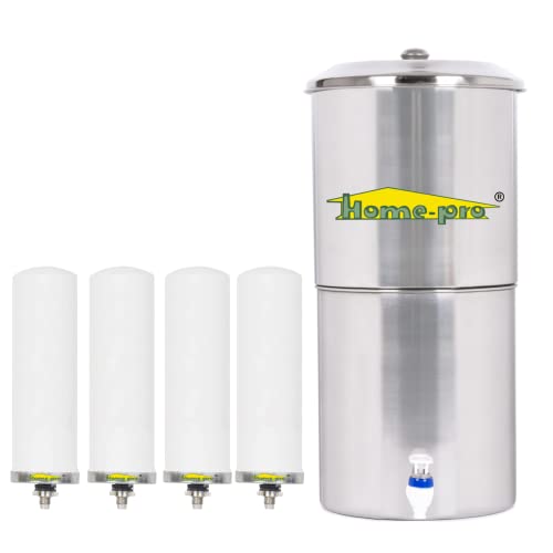 Home-Pro - Gravity Water Filter and Purifier | 30 Liters Total Capacity (15L Bottom & 15L Top) Made with Stainless Steel |Includes 4 Creamic Long Candle and Food Grade Plastic Tape
