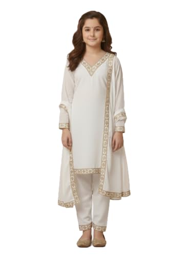 Image of Girls Stylish Rayon Lace Work Kurti with Dupatta and Pant