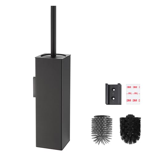 BVL Klobürste Wandmontage Schwarz, Klobürstenhalter ohne Bohren Metall Inklusive 2 Bürstenköpfe, Toilettenbürste Silikon WC Bürste Eckig