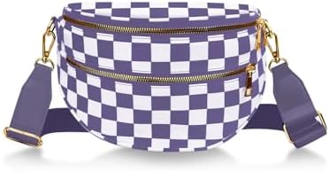 Women's Crossbody Bum Bag, Trendy Crescent Plaid Waist Bag with Large Pockets and Strap, Sling Pack for Casual Travel Outdoor (Purple and white, Medium)