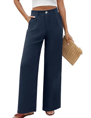 PASUDA Hose Damen Sommer Weites Bein Freizeithose Hight Waist Geradem Sommerhose Bequeme Leichte Lässige Anzughose Hosen mit Taschen, Knopfleiste (Marine, M)