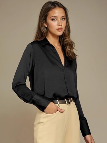Image of Aahwan Women Satin Regular Fit Black Solid Button Up Drop Shoulder Officewear Casual Formal Long Sleeve Shirt