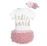  Freebily Vêtement Bébé Fille Naissance Body Barboteuse Imprimé Hello World + Bloomer Culotte Elastique + Serre-tête Fleur Bandeau Bébé Combinaison Salopette Romper Blanc & Rose 12 Mois