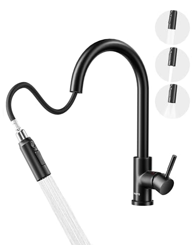 Langsing Wasserhahn Küche Schwarz, Hochdruck Küchenarmatur, Drei Strahlarten mit Küchenarmaturen, 360°-Drehbare Wasserhahn Küche, 304 Edelstahl-Armatur Küche(Schwarz)