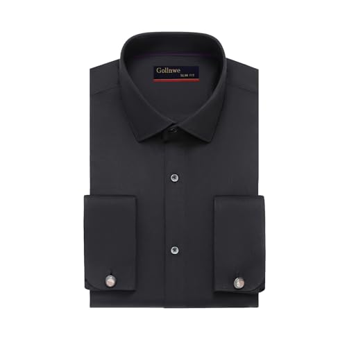 Gollnwe Chemise Habillée à Poignets Français pour Homme Formelle Slim Fit Extensible, à Col Large et Bouton de Manchette en Métal Noir L