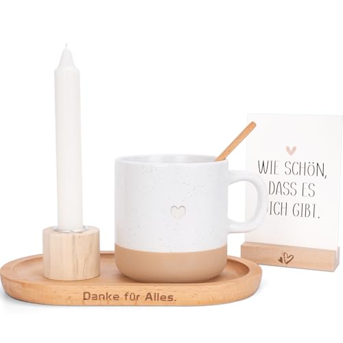 KKSJK Schönes Geschenk Set Dankeschön Geschenke Danke für Alles Geschenk inkl. Tablett mit Gravur Tasse Löffel Kerze Kerzenhalter Kartenhalter und Danke Karte - Wie schön dass es dich gibt.