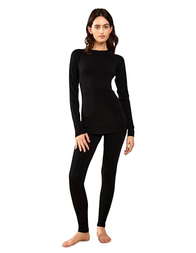 LEADHALO Midweight Merino Wool Base Layer Women Set, Moisture Wicking Warm Women's Thermals Top and Bottom for Ski Snowboard Black M