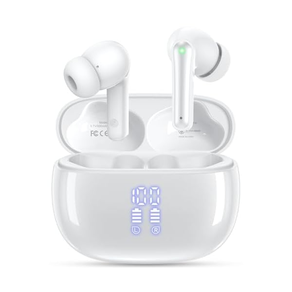 Ear Buds Wireless Earbuds – Bluetooth Headphones 40H Playtime LED Display Deep Bass Stereo in-Ear Earphones with IPX7 Waterproof for iPhone Android Phone Tablet Laptop, White