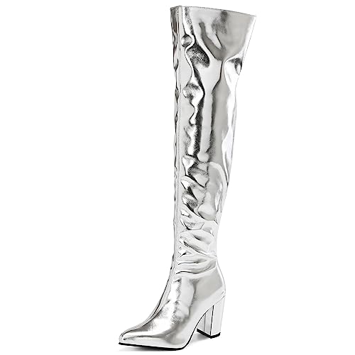 YIYA Women's Metallic Over the Knee High Boots Pointed Toe Chunky Mid Heel Thigh High Fashion Dress Boots Zipper Long Boots