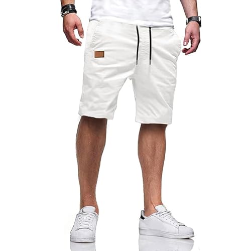 Ougelebo Kurze Hosen Herren Shorts Herren Sommer Shorts Männer Chino Baumwolle Hose Kurz Elastische Taille mit Tunnelzug Weiß XL