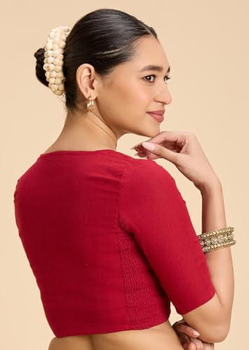 Image of Studio Shringaar Women's Thick Handloom Cotton Plain Side Stretch (Smocked) Readymade Saree Blouse