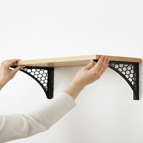 Image of Wall Shelf with Wooden Top Black|White Iron Brackets Storage Rack|Industrial Wall-Mounted Floating Shelf for Living Room,Kitchen,Bathroom (Black Hexagon Large)