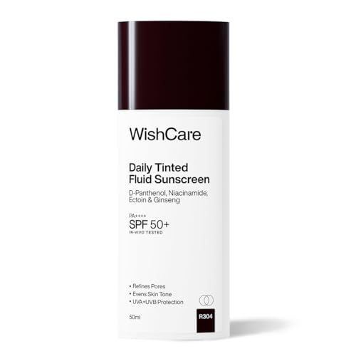 Image of WishCare Daily Fluid Tinted Sunscreen SPF50 PA++++ | R304 | Broad Spectrum Protection for all skin types | In-Vivo Tested Tinted Sun Screen | D-Panthenol, Niacinamide, Ectoin & Ginseng | Evens & Protects | 50ml
