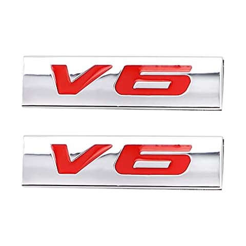 CARRUN, 2 Pcs V6 Emblem 3D Metal Nameplate Badge Decal Car Side Rear Front Trunk Bumper Badge Sticker For Universal (Silver Red) Cover