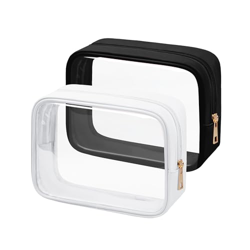 Ebbniur TSA Toiletry Bag Clear Makeup Bag Travel Essentials Cosmetic Bag for Men and Women(Black+White)