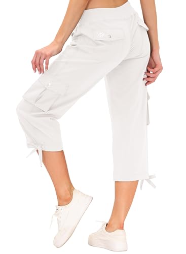 MoFiz Women Hiking Capri Pants Lightweight Walking Athletic Workout Casual Outdoor Trousers 3/4 Cargo Shorts Pants with Multi-Pockets Size White S