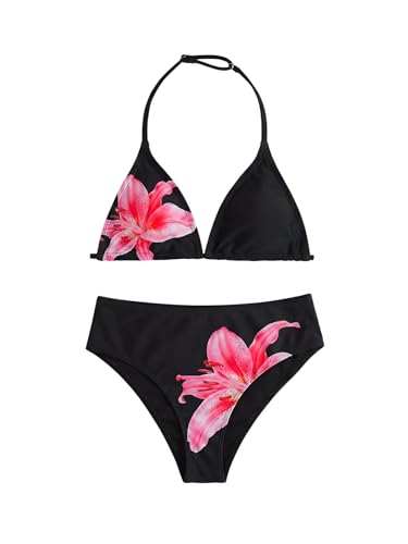 Image of RoseSeek Girl's Tie Dye Smocked 2 Piece Swimwear Sets Backless Halter Bikini Cute Brief Bathing Suit