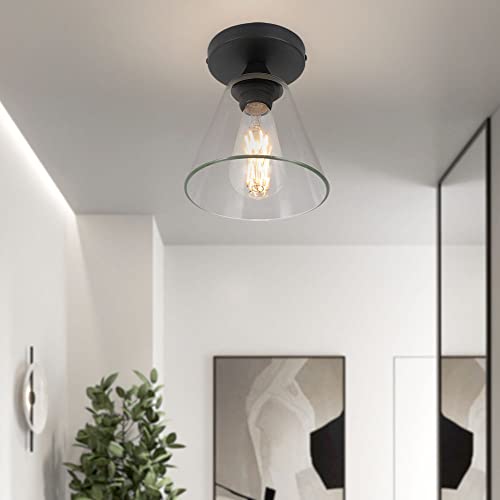 Brixury Semi Flush Mount Ceiling Light, Cone Clear Glass Hallway Light Fixtures Ceiling Mount, Matte Black Farmhouse Lighting #TOP1