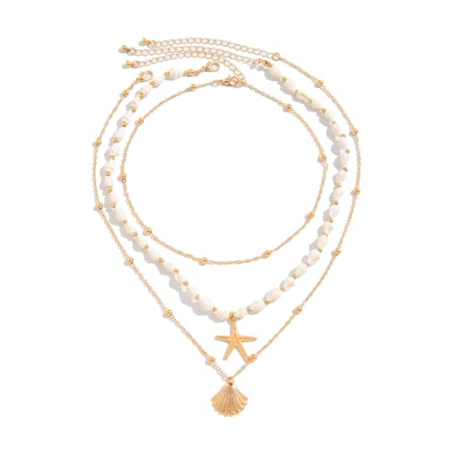 Image of SANNIDHI 3Pcs Necklace for Women Girls Boho Gold Seashell Starfish Pendant Necklaces Layered Beads Necklace Chains Beach Jewelry Gift Item for Women