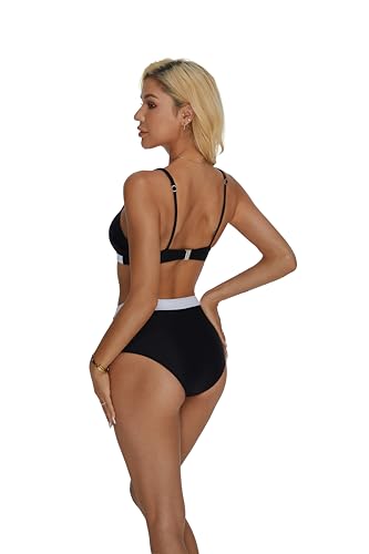 RXRXCOCO V-Wire Cutout High Waisted Bikini Sets for Women Double Straps Color Block Swimsuits Two Piece Bathing Suits4