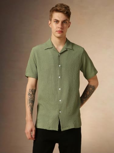 Image of Dennis Lingo Men's Half Sleeve Cuban Collar Solid Textured Relaxed Fit Casual Shirt