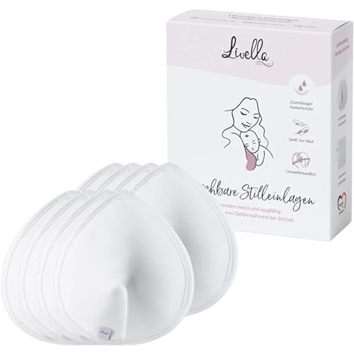 Livella | Waschbare Stilleinlagen (8 Stück) mit saugstarkem Kern aus natürlichen Bambusfasern/wiederverwendbar/inkl. Wäschenetz (Weiß)