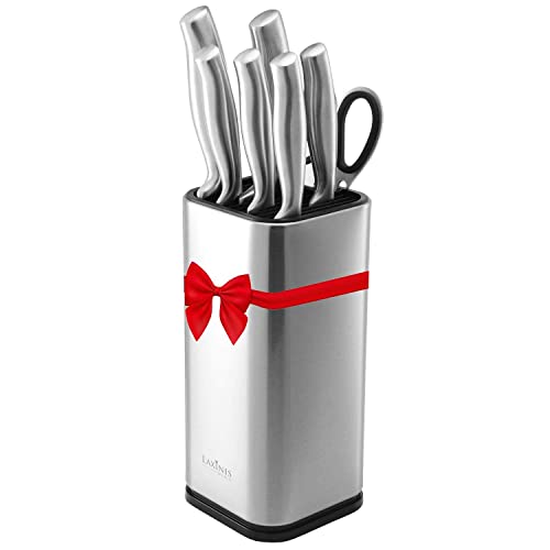 Laxinis World Universal Knife Block, Stainless-Steel Modern Rectangular Design With Scissors-Slot, Knife Holder Counter-Top Storage, Holds 12 8”-Blade Knives, 9.1” By 4”(Knives Not Included) #TOP1