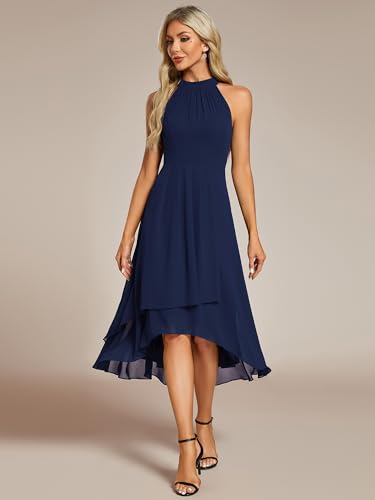 Image of Ever-Pretty Women's Halter Chiffon Midi Cocktail Wedding Guest Dress | High Low, Pleated, Summer Semi Formal Dress, Mother of the Bride Dress